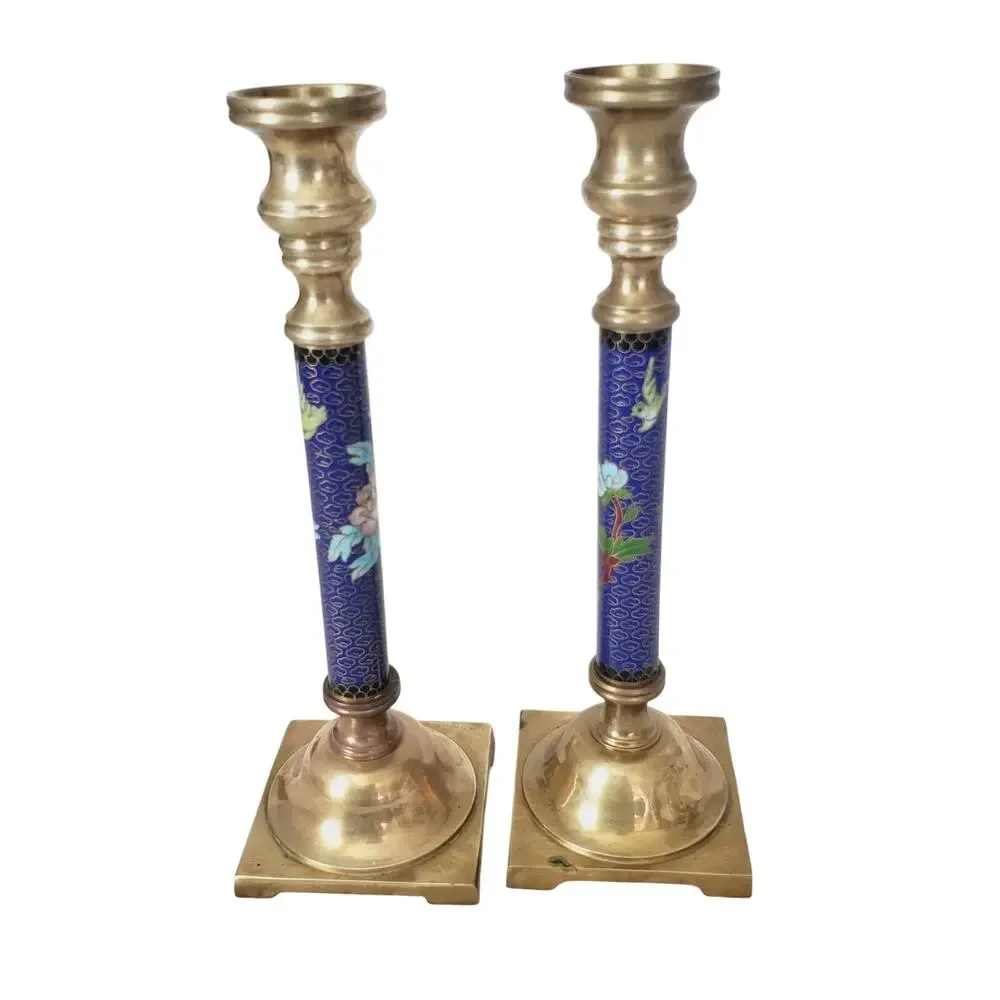 Vintage Pier 1 Brass 10” Pair X 2 Candlestick Cloisonne Enamel Floral Inlay Rare